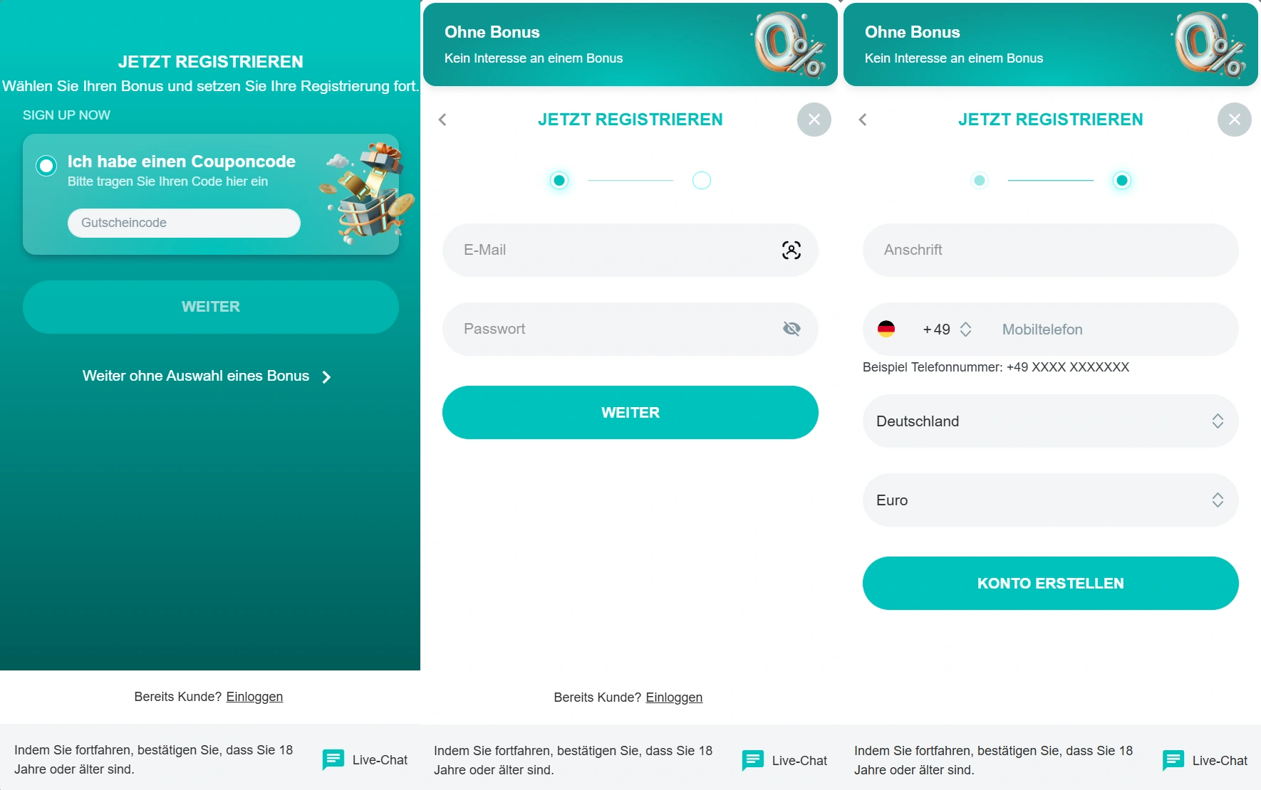 Login und Registrierung bei Spininio